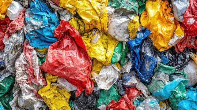 Vibrant colorful piles of industrial plastic waste awaiting recycling and management