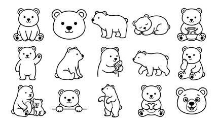 Fototapeta premium Cute outline cartoon bears in various poses and expressions.