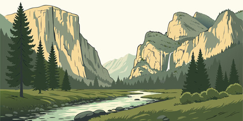 Illustration of majestic rocky mountain valley with waterfall and river mountain waterfall landscape illustration wilderness adventure peaceful environment panoramic national botanical © Sp