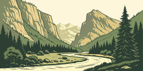 Scenic landscape illustration of winding river through mountain valley with mountain landscape illustration wilderness adventure peaceful environment panoramic national botanical tranquil © Sp
