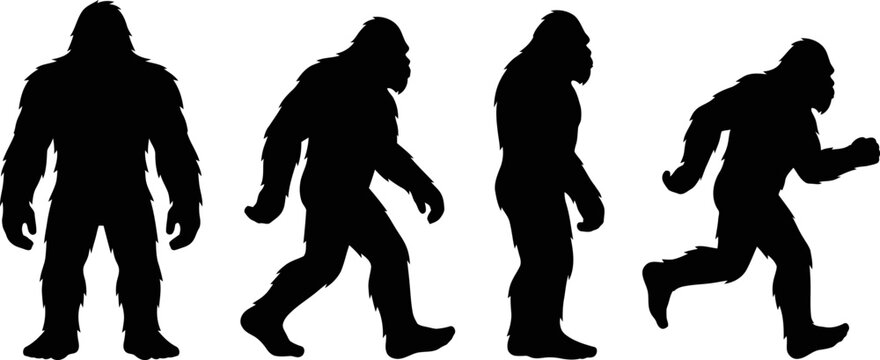 Silhouette of four bigfoot creatures walking in a line on plain background