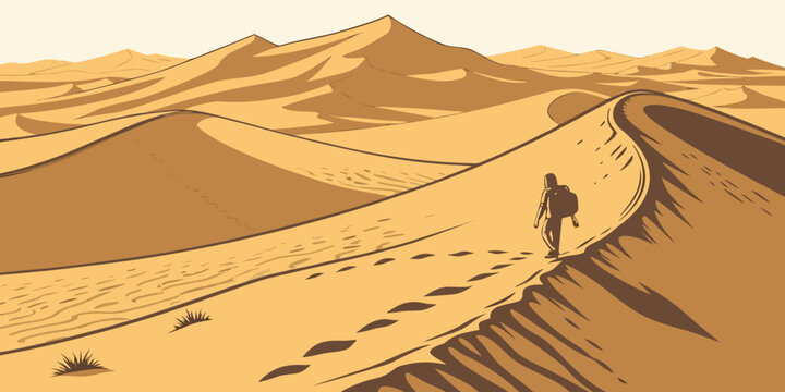 Lone traveler hiking up a large sandy dune in an arid desert environment with landscape adventure backpack wilderness trekking traveler vacation exploration illustration solitude wanderer
