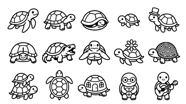Set of cute cartoon outline turtles in various poses