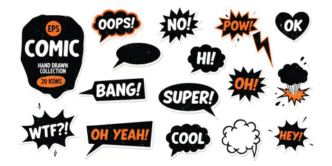 Set of hand drawn comic speech bubbles and sound effects with text expressions © md