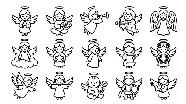 Set of cute angel line icons in different poses and actions