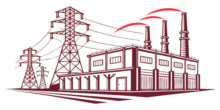 Factory power plant with smoking chimneys and transmission lines vector art smoke stack chimneys electricity transmission infrastructure industrial generation electrical building facility