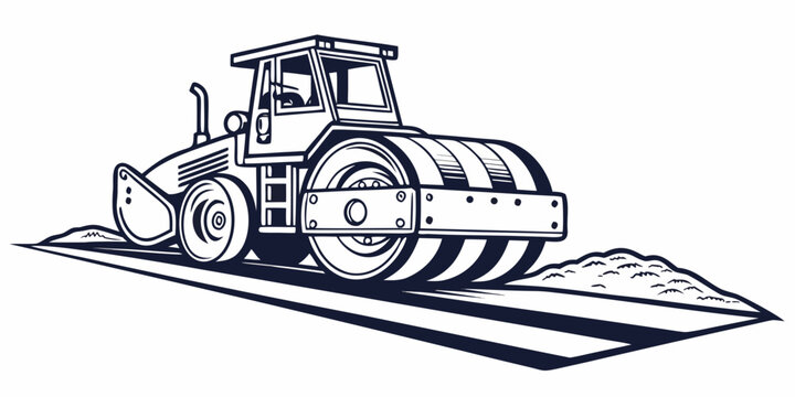 Road roller compacting pavement with dirt piles in outline style graphic vector illustration heavy machinery road work heavy duty single drum compactor construction equipment industrial