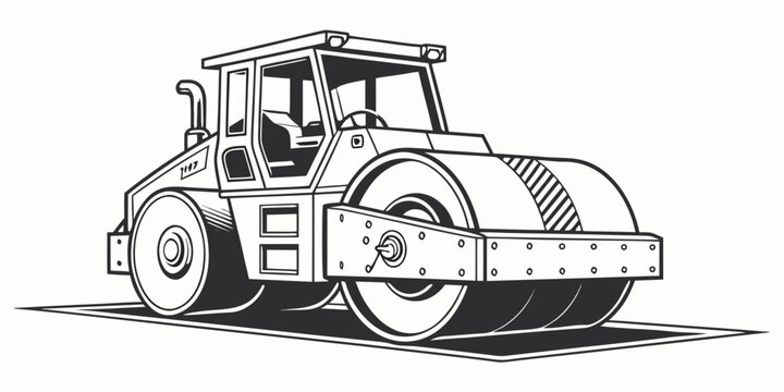 Heavy duty single drum road roller compactor machine in outline graphic vector illustration with heavy machinery road work line art compactor construction equipment industrial engineering