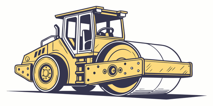Yellow single drum road roller compactor heavy machinery in outline graphic vector illustration with road work heavy duty line art compactor construction equipment industrial engineering