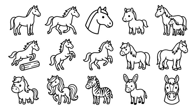 Line art set of horses, ponies, zebra, and donkey