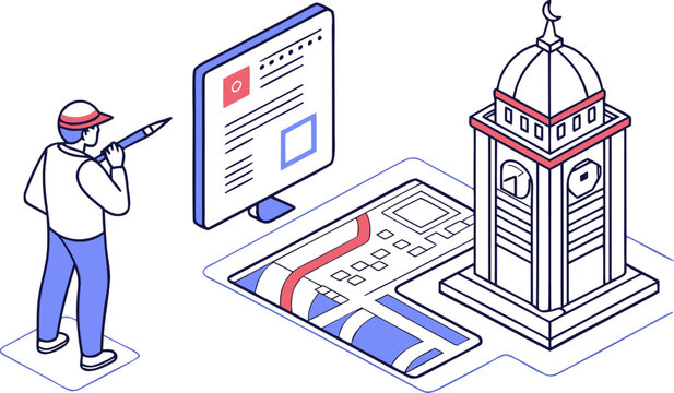 Isometric architect designing a mosque model with digital interface