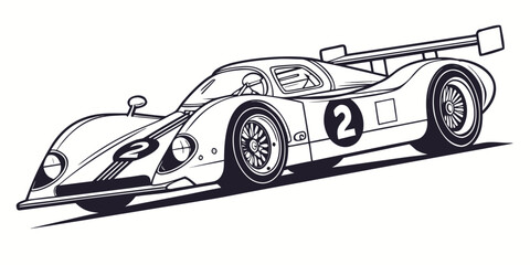 Classic vintage racing sports car outline illustration with number two automobile illustration automotive performance aerodynamic sportscar competition transport silhouette stylized © Sp