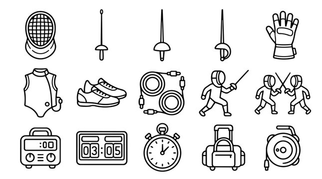 Fencing sports equipment and fencers icon set
