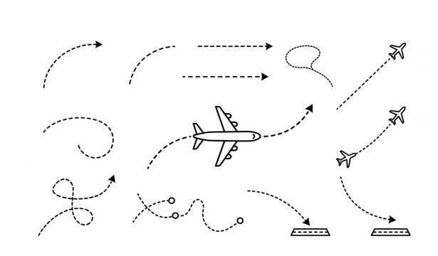 Airplane with dotted route path transparent vector illustration