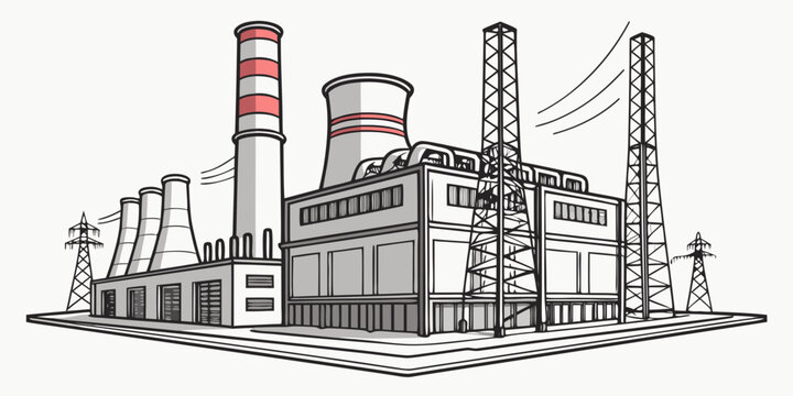 Industrial power plant facility with smoking chimneys and electrical transmission towers illustration smoke stack energy production smoke stacks industrial site black and white line art