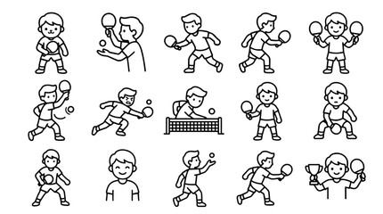 Fototapeta premium Table tennis players various actions outline icons