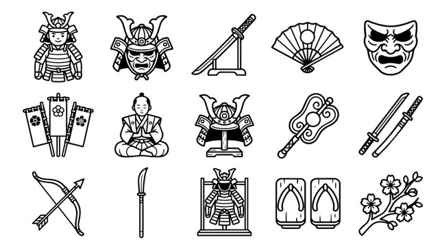 Samurai and Traditional Japanese Culture Line Art Icon Set