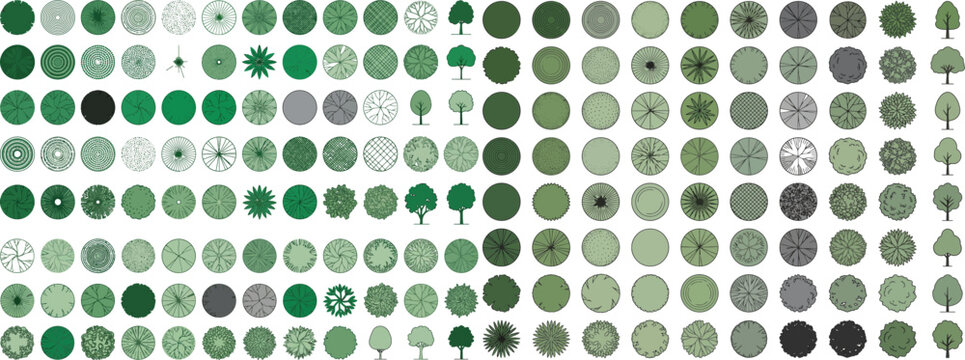 Landscape Architecture Tree Symbols. Circular Hatch Patterns Vector Library. Plan View CAD Blocks for Site Planning, Urban Design, Planting Layouts and Construction Drawings