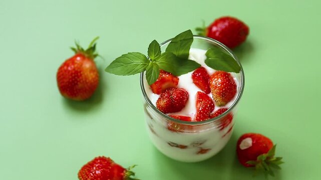 Fresh berry parfait with mint on green backdrop