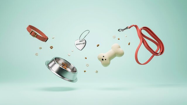 Exploded view of pet collar components including GPS tracker, leash, buckle and bone-shaped tag. Concept of smart pet technology, pet care and product design.