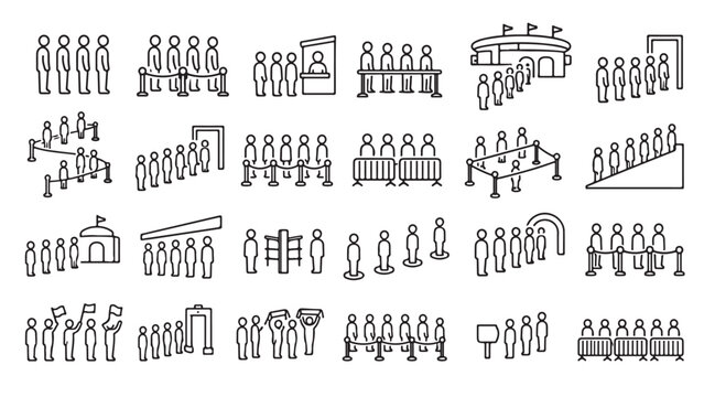 Queue people line icon set. Standing crowd, waiting line, group formation, public row outline vector illustrations. Symbols for organization and service on white background.