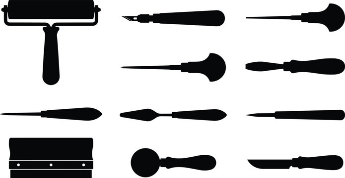 Collection of painting and finishing tool silhouettes featuring brushes, rollers, scrapers, spatulas, and paint accessories