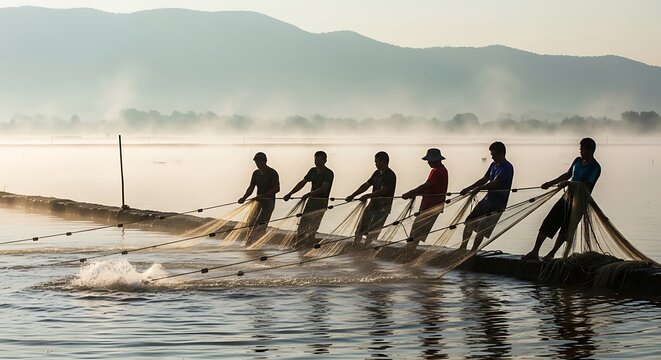 Silhouette of traditional fishermen pulling fishing nets in a misty morning
