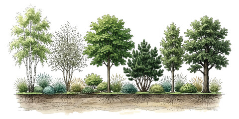 Set of different forest trees and green bushes with visible roots for landscape design illustration © md