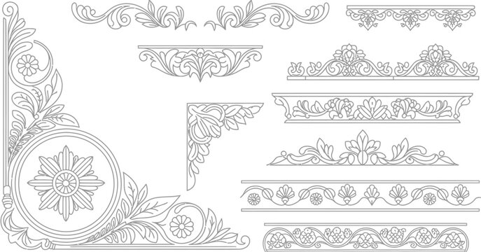 Vintage ornament vector illustration set featuring hand drawn classic filigree borders corner frames and floral elements baroque engraving design