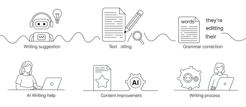 AI writing assistant icon set vector illustration featuring minimalist continuous line art for text editing grammar correction content improvement