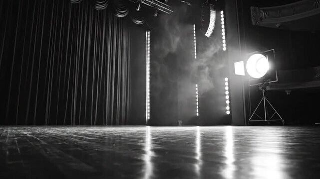 Empty stage with spotlight and light effects creating atmosphere for performance or show production in theatre