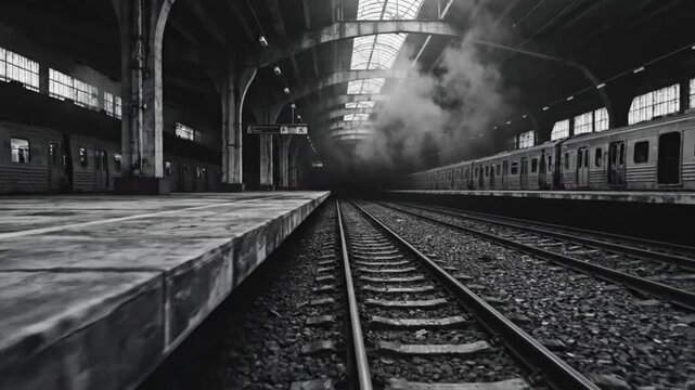 Black and white view of a train station platform with smoke and trains, atmospheric and gritty
