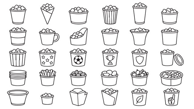 Snack packaging line icon set. Fries box, ice cream cone, popcorn bucket, takeout cup, food tray outline vector illustrations. Symbols for fast food on white background.