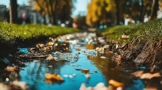 Plastic bottle debris clogs a drainage ditch near a city park, reflecting the environmental pollution crisis.