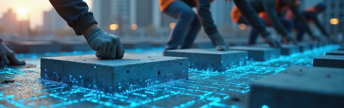 Construction workers place concrete blocks on a grid with glowing blue digital lines. Team works on modern urban project, smart city infrastructure. Future building tech, teamwork, innovation.