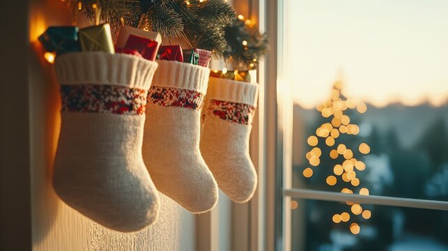 Warm and cozy Christmas stockings filled with gifts hanging by a window with festive bokeh lights