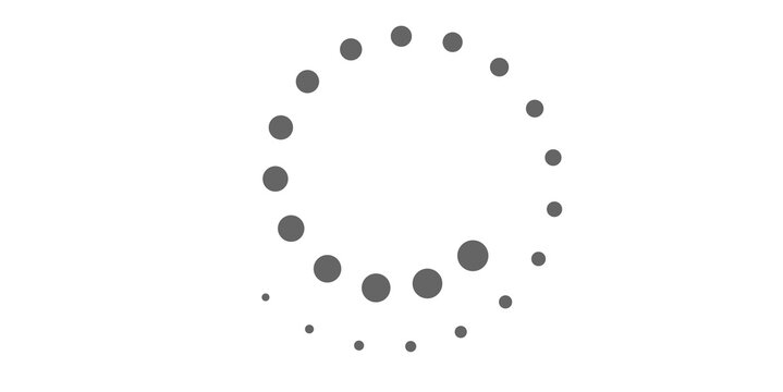 a minimalist, circular arrangement of grey dots on a white background, where the dots vary in size to create a visual sense of rotation or a loading animation effect.