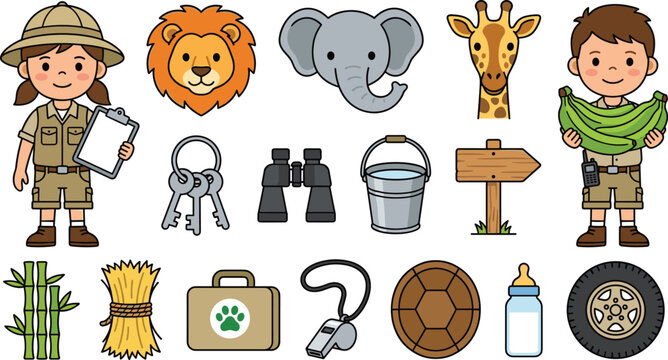Kids Zoo and Wildlife Cartoon Illustration Set Featuring Young Explorers, Lion, Elephant, Giraffe, Safari Gear, and Animal Care Tools