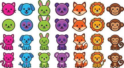 Obraz premium Cute Colorful Cartoon Animal Set with Cat Dog Bunny Panda Fox Lion and Monkey in Multiple Styles Vector Illustration