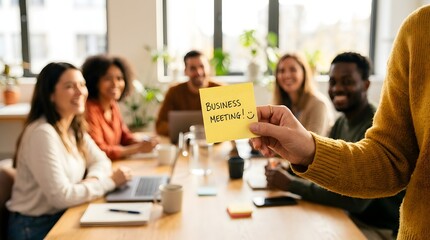 Fototapeta premium Diverse Group of Smiling Business People Sitting Around a Table While a Man Holds a Yellow Note Card Reading Business Meeting, Showing Teamwork Collaboration, Representing Workplace Discussion 
