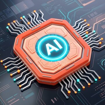Artificial intelligence concept with glowing blue AI logo on circuit board background