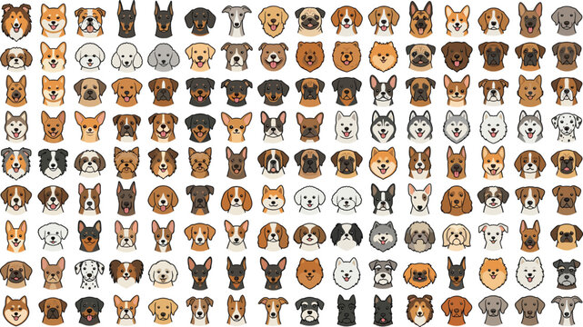 Cute Cartoon Dog Face Avatar Mega Collection Set with Various Breeds Isolated on White Background Vector Illustration