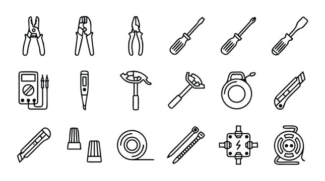 Essential vector collection of electrical wiring tools line icons including pliers, screwdrivers, voltage testers, and wire strippers in a precise minimalistic style for industrial design.