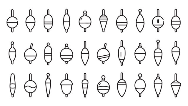 Fishing bobber line icon set. Float, cork, lure, tackle and water marker outline vector illustrations. Symbols for angling gear on white background