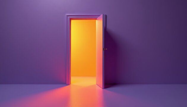 Open doorway reveals bright yellow light. Empty room has purple walls and floor. Light streams out onto floor creating abstract shapes. A new beginning.