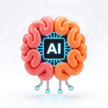3D illustration of artificial intelligence AI brain with colorful neurons and glowing blue circuits