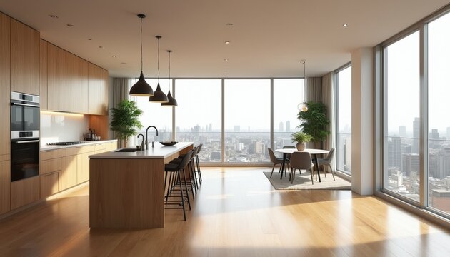 Modern open concept apartment kitchen and living area with large windows overlooking city skyline. Sleek wood cabinetry complements island and dining set. Sunlight streams across polished wood floors.