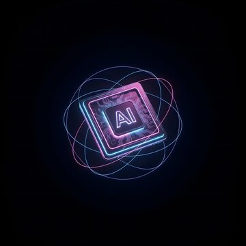 Neonlit AI chip with circuit board and glowing lines on transparent background