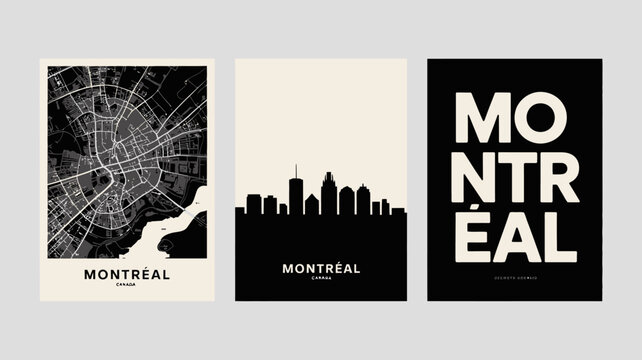 Montreal city map skyline silhouette and typographic posters with white and black backgrounds canada cityscape urban street plan town building