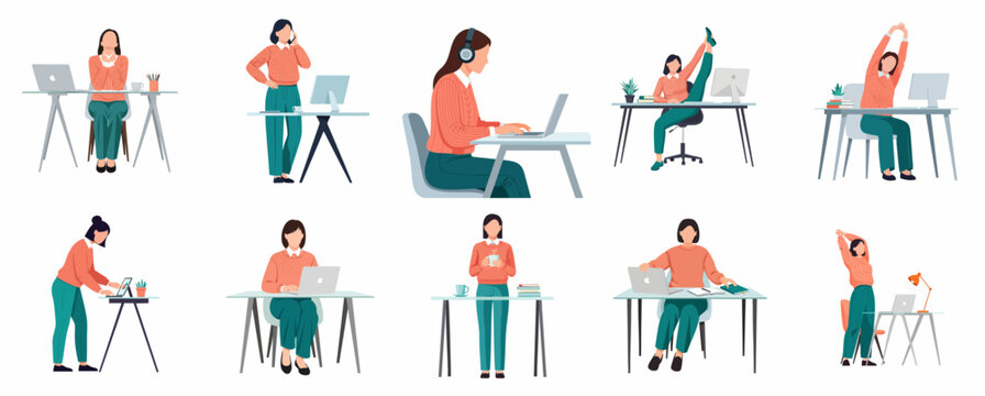 Woman Working from Home Vector Illustration Set: Multitasking, Office Tasks, and Desk Exercises